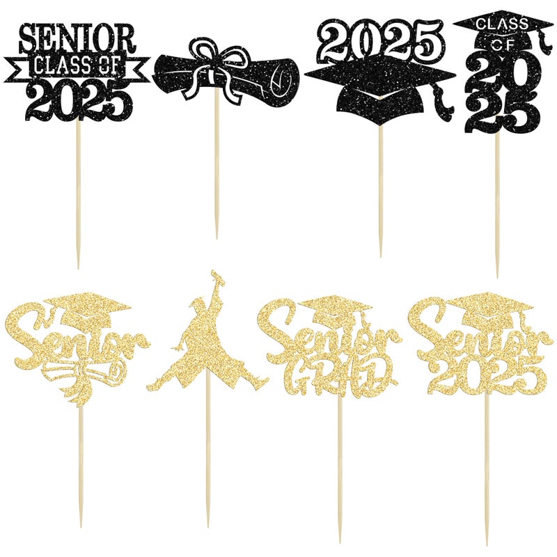 Ephlyn 24Pcs Graduation Cupcake Toppers Glitter Senior Class of 2025 Cake Toppers Diploma Grad Cap Cupcake Picks 2025 for Grade Graduation Party Supplies Gold Black - Image 3