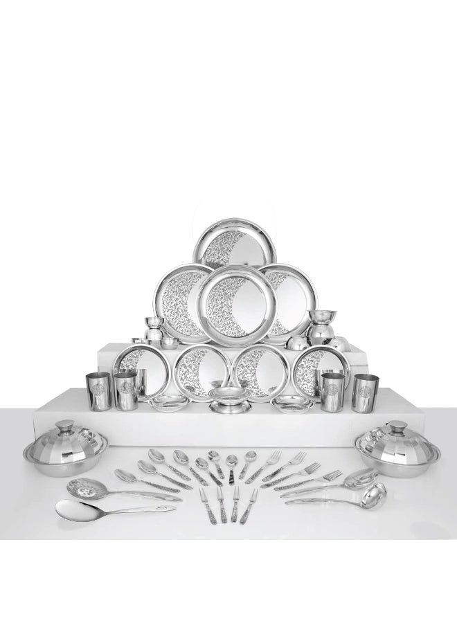 Shri & Sam Designer Stainless Steel Delight Laser Bloom Dinner Set, 46 Pieces - Image 1