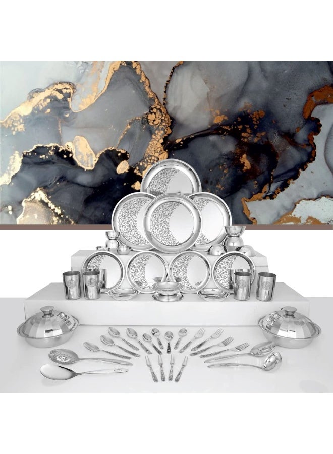 Shri & Sam Designer Stainless Steel Delight Laser Bloom Dinner Set, 46 Pieces - Image 4