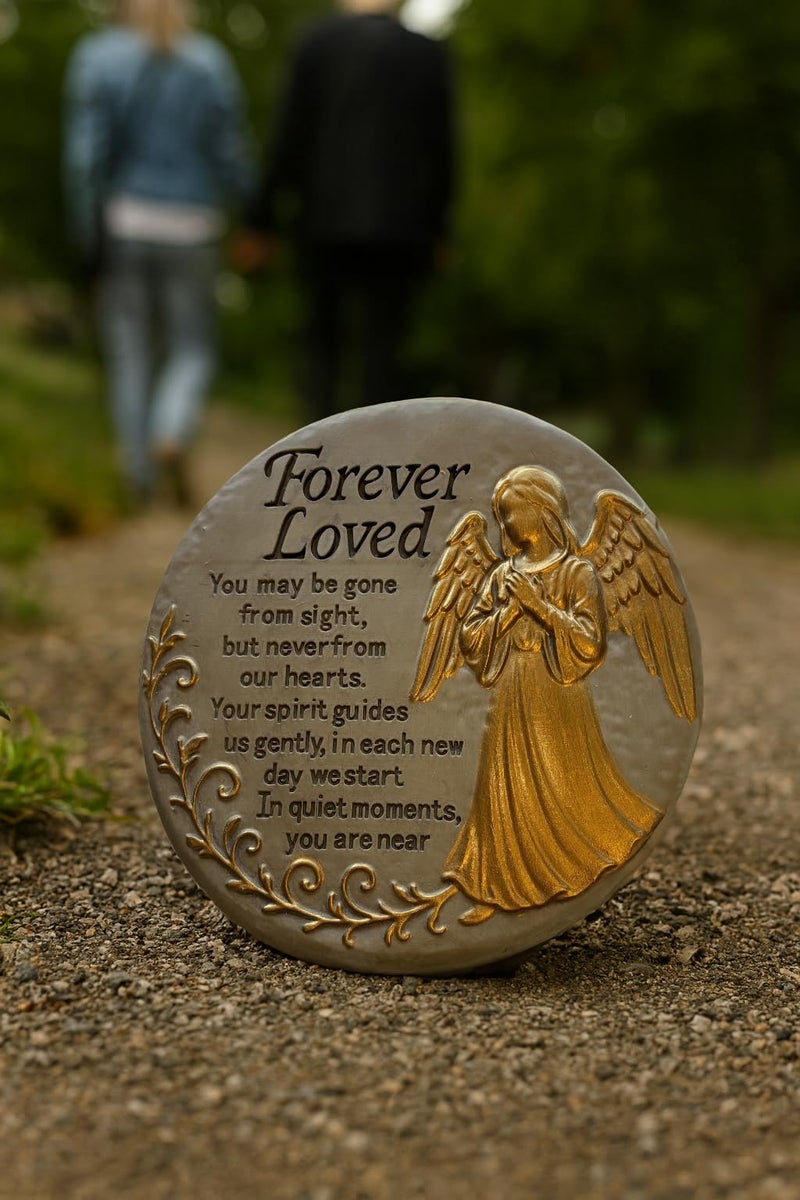 VEOJEIN Memorial Garden Stone, 9.45 Inch Round Stepping Stone with Angel Design, Outdoor Weather-Resistant Remembrance Decor - Image 2