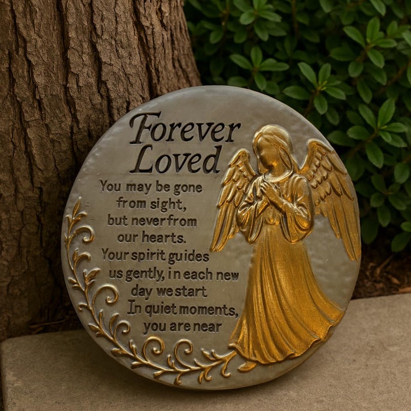 VEOJEIN Memorial Garden Stone, 9.45 Inch Round Stepping Stone with Angel Design, Outdoor Weather-Resistant Remembrance Decor - Image 1