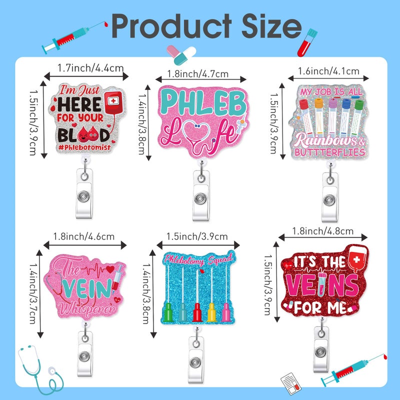 MENIFEND 6 Pcs Phlebotomy Badge Reels, Retractable Funny Pink Glitter ID Badge Holder with Metal Clip, Phlebotomy Essentials and Phlebotomist Gifts - Image 3