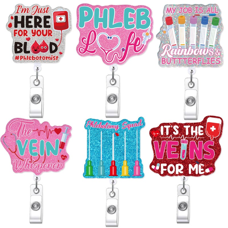 MENIFEND 6 Pcs Phlebotomy Badge Reels, Retractable Funny Pink Glitter ID Badge Holder with Metal Clip, Phlebotomy Essentials and Phlebotomist Gifts - Image 1