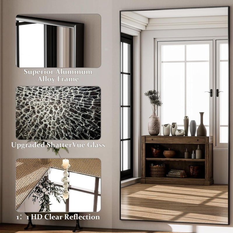 GLSLAND مرآة GLSLAND كاملة الطول 71 × 31 بوصة، مرآة مستطيلة كبيرة جدًا قابلة للتعليق أو الاستناد، إطار رفيع من سبائك الألومنيوم، مرآة أرضية لغرفة النوم، أسود - Image 3