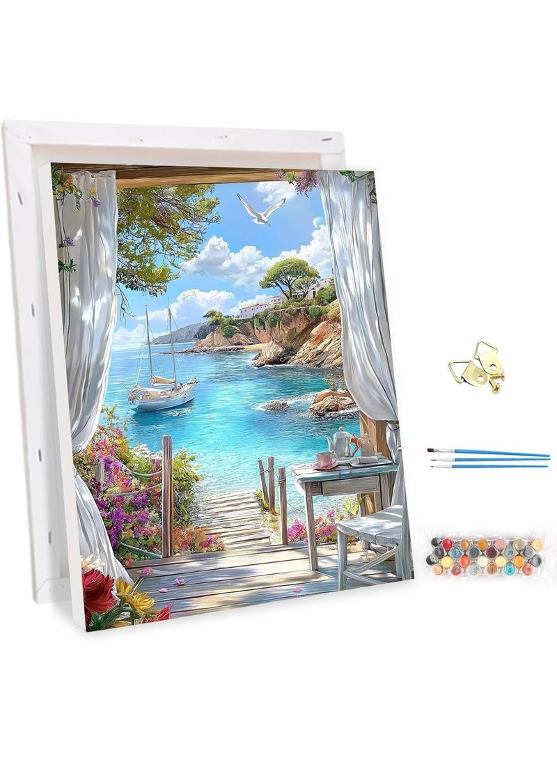 ChicAbode Framed Paint by Numbers Kit for Adults, Seaview Landscape DIY Art, Stretched Canvas, Home Wall Decor, 12x16 Inch - Image 1
