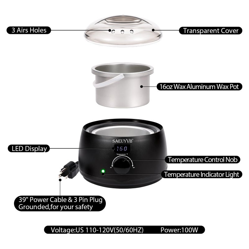 SAEUYVB Professional Digital Wax Warmer with Lid and 16oz Pot for Hair Removal (Black) - Image 2