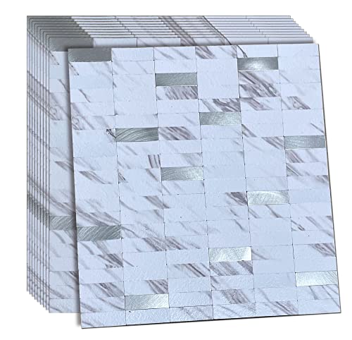 XUANINY Peel and Stick Tile Backsplash Self- Adhesive Wall Tiles Aluminum Mosaic Sticker for Kitchen (11.33"x11.92" Per Sheet, Pack of 10 pcs) (White Marble) - Image 1