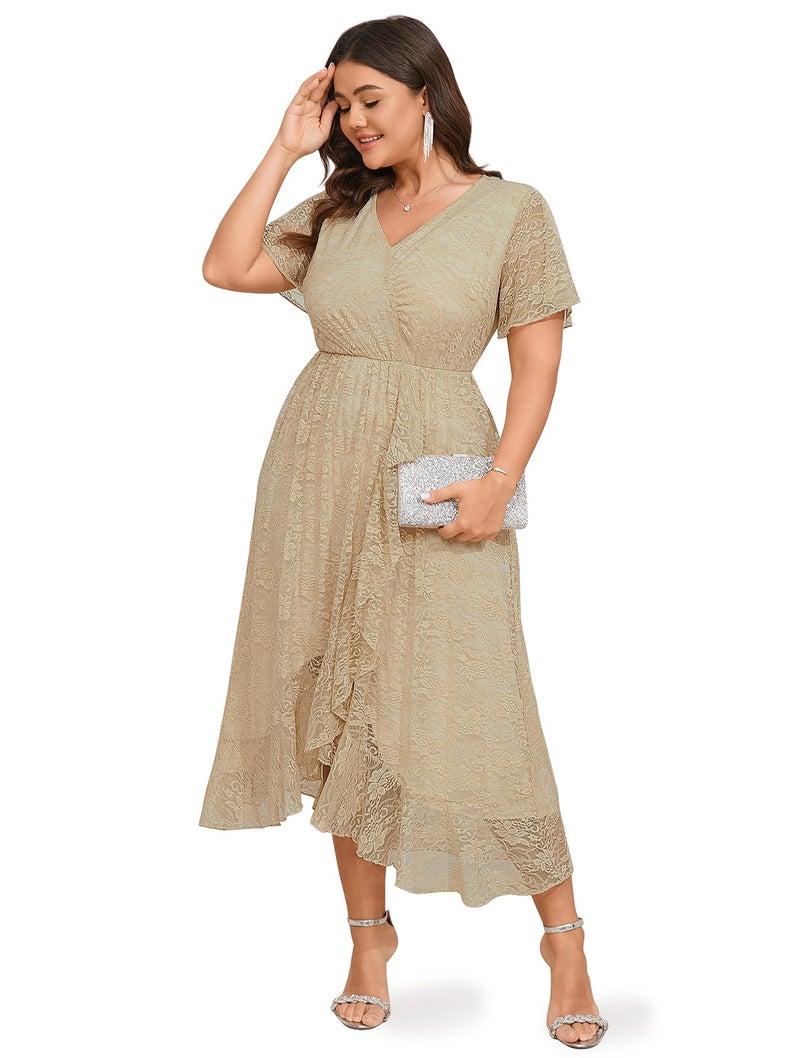 SCOMCHIC Womens Plus Size Wedding Guest Dress Formal Lace Wrap V Neck High Low Short Sleeve Cocktail Maxi Dresses XL-4XL Apricot - Image 1