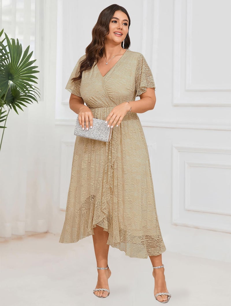 SCOMCHIC Womens Plus Size Wedding Guest Dress Formal Lace Wrap V Neck High Low Short Sleeve Cocktail Maxi Dresses XL-4XL Apricot - Image 2