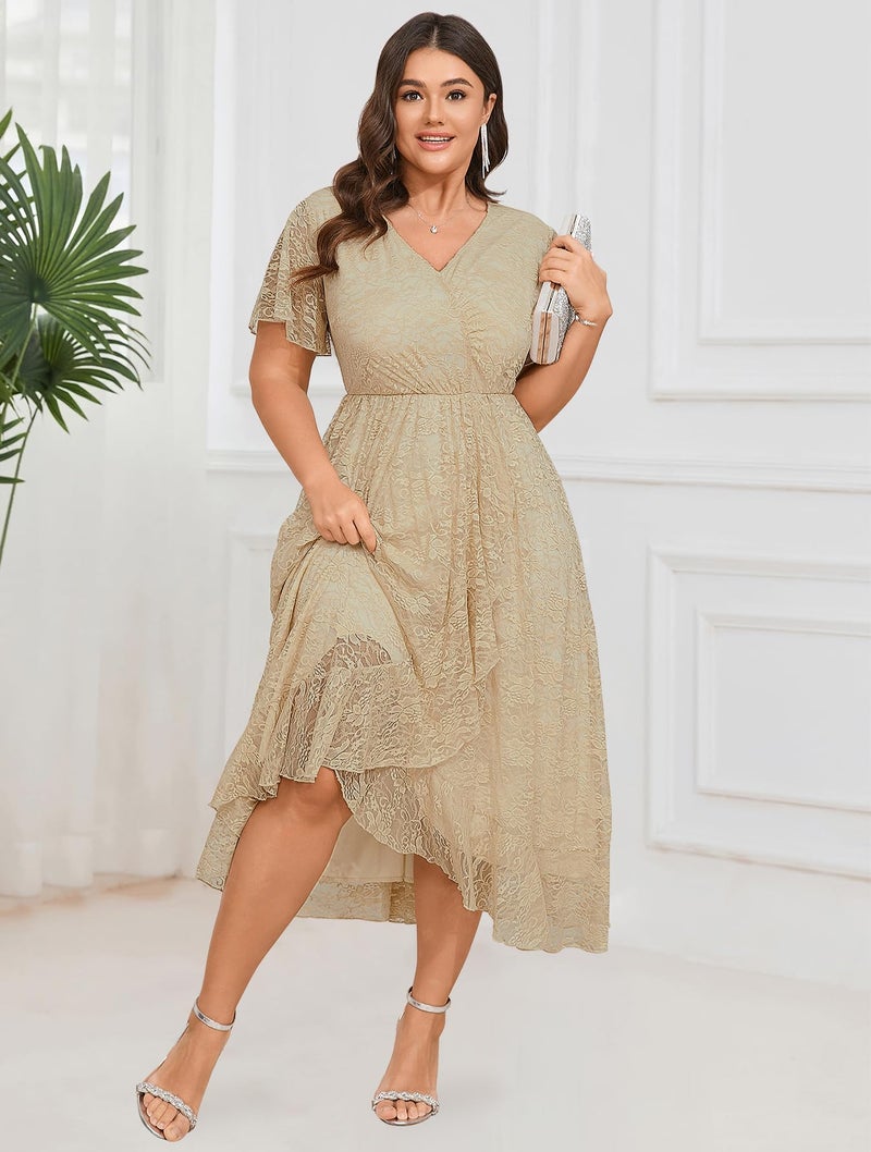 SCOMCHIC Womens Plus Size Wedding Guest Dress Formal Lace Wrap V Neck High Low Short Sleeve Cocktail Maxi Dresses XL-4XL Apricot - Image 5