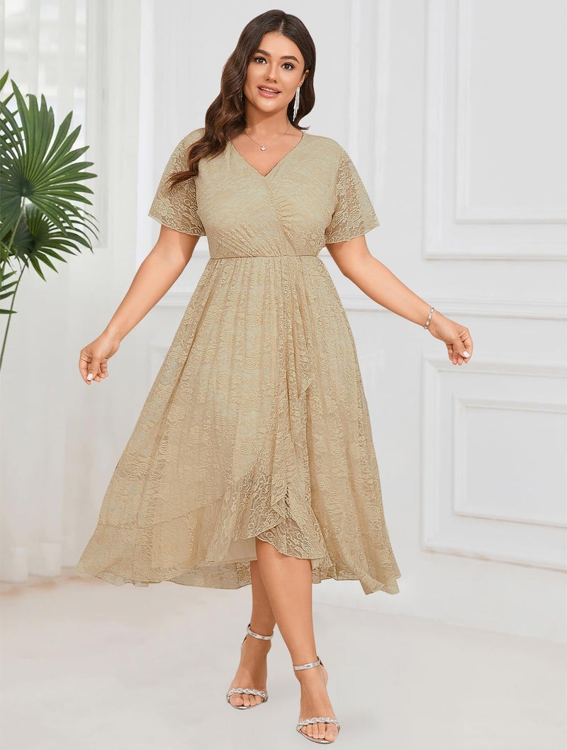 SCOMCHIC Womens Plus Size Wedding Guest Dress Formal Lace Wrap V Neck High Low Short Sleeve Cocktail Maxi Dresses XL-4XL Apricot - Image 4
