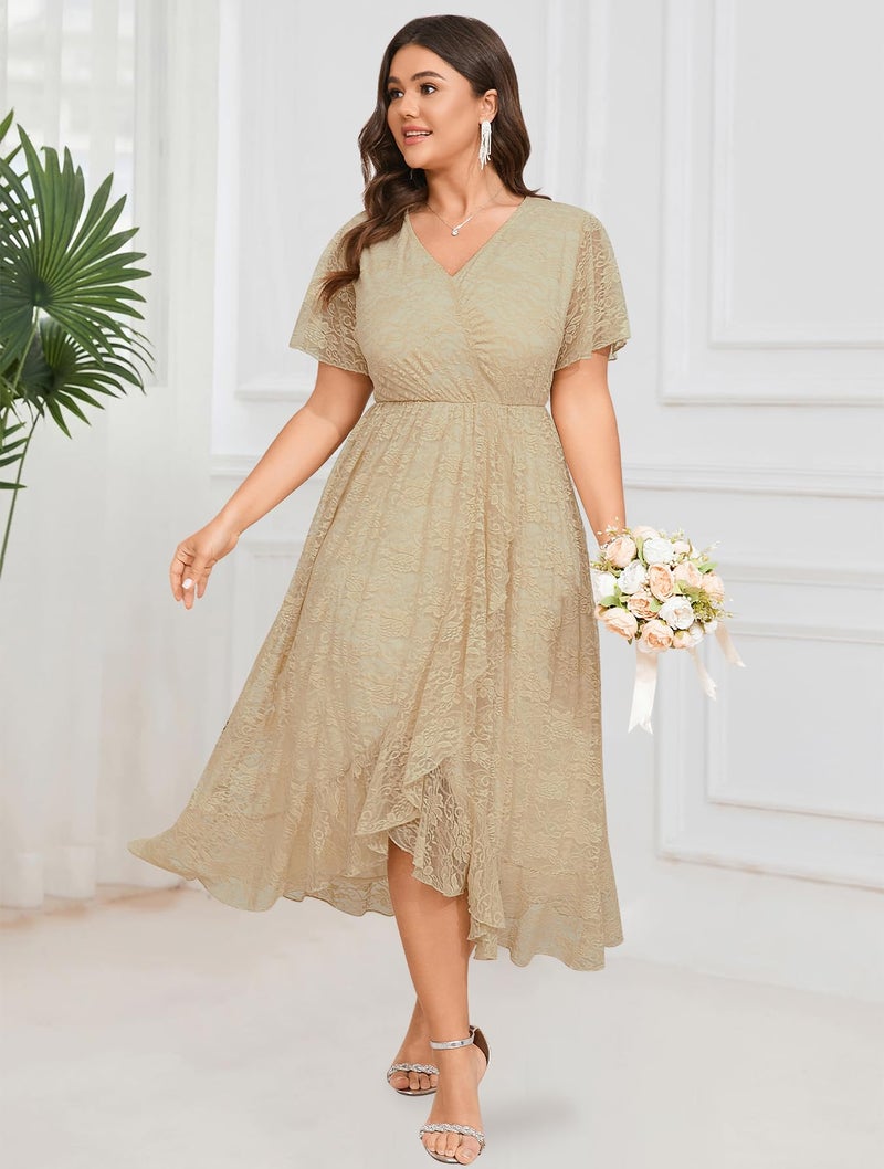 SCOMCHIC Womens Plus Size Wedding Guest Dress Formal Lace Wrap V Neck High Low Short Sleeve Cocktail Maxi Dresses XL-4XL Apricot - Image 3