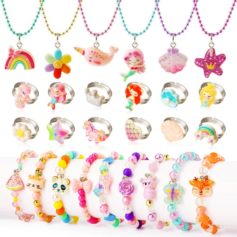 BeAndge Little Girl Jewelry Set Princess Jewelry for Toddler Girls 46 35 Gifts for 5 Year Old Girls Toys Kids Play Necklaces Rings Bracelets 68 Mermaid Costume Dress Up Jewelry 3 4 6 7 Childrens Gift - Image 2