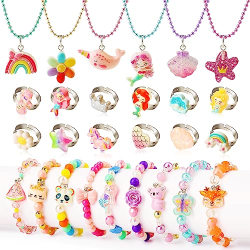 BeAndge Little Girl Jewelry Set Princess Jewelry for Toddler Girls 46 35 Gifts for 5 Year Old Girls Toys Kids Play Necklaces Rings Bracelets 68 Mermaid Costume Dress Up Jewelry 3 4 6 7 Childrens Gift - Image 1