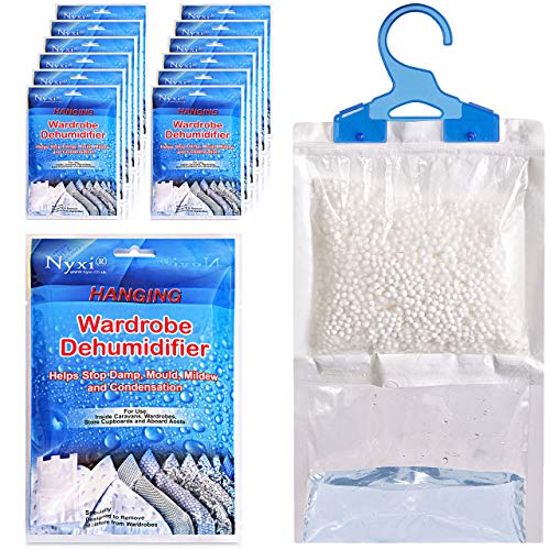 Nyxi Set of 12 Hanging Interior Wardrobe Dehumidifier  230g Each Bag  Ideal to stop damp mould mildew  condensation For Wardrobe Home Kitchen Garage Bedroom Caravan Office Basement etc