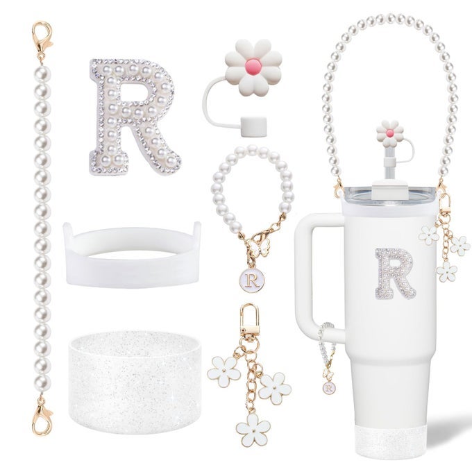 CUP ACCESSORIES SET FOR STANLEY INCLUDING WATER BOTTLE CARRYING PEARL STRAP HANDLE LETTER CHARMS STICKER SILIOCNE CUP BOOT STRAW COVER FOR STANLEY 40OZ 30OZ TUMBLER ACCESSORY KIT R