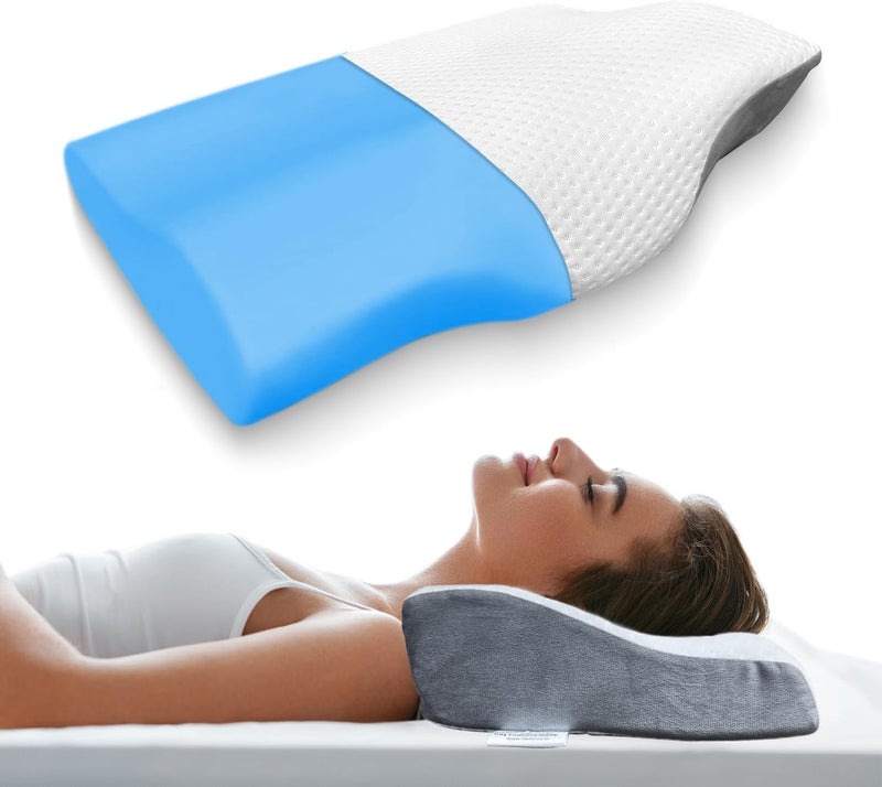 Sleepsia Memory Foam Pillow | 1 Year Warranty | Cervical Pillow for Neck Pain, Orthopedic Pillow for Neck Pain with Extra Curve Neck Support for Sleeping Side & Back Sleepers (Grey/White,Gel) - Image 1