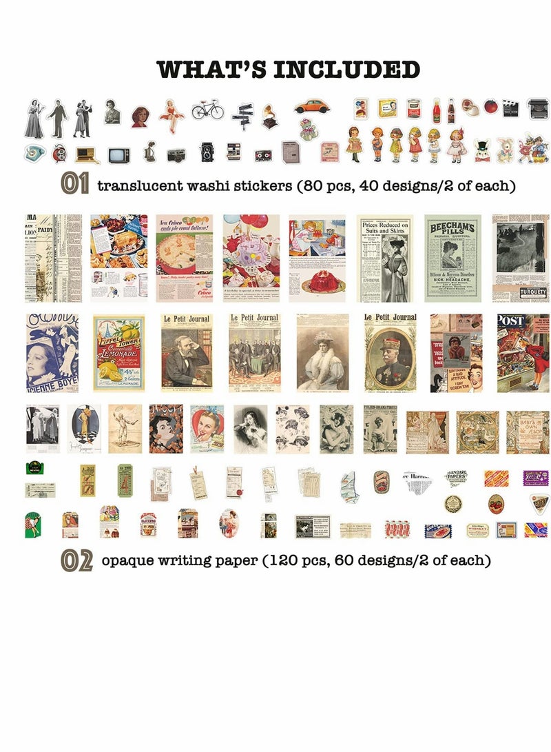 Vintage Scrapbook Supplies Kit for Art Journaling Bullet Junk Planners DIY Paper Stickers Craft Notebook Collage Album Aesthetic Picture Frames (200 Pieces) Retro Memory.  - Image 2