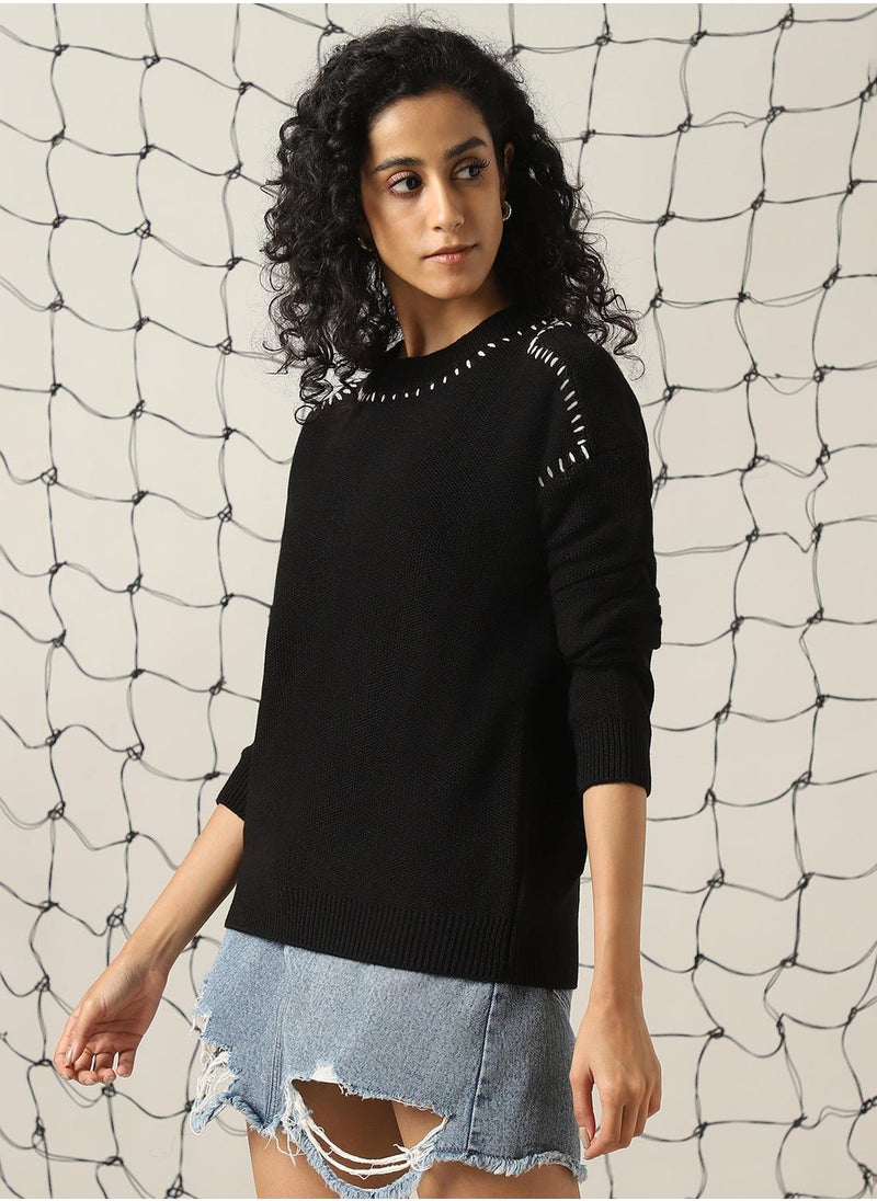 Hubberholme Women's Black 100% Acrylic Solid Regular Fit Sweater  - Image 2