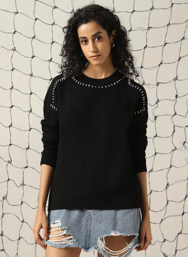 Hubberholme Women's Black 100% Acrylic Solid Regular Fit Sweater