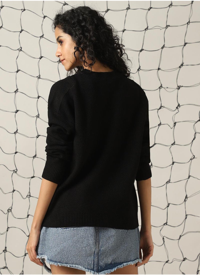 Hubberholme Women's Black 100% Acrylic Solid Regular Fit Sweater  - Image 3