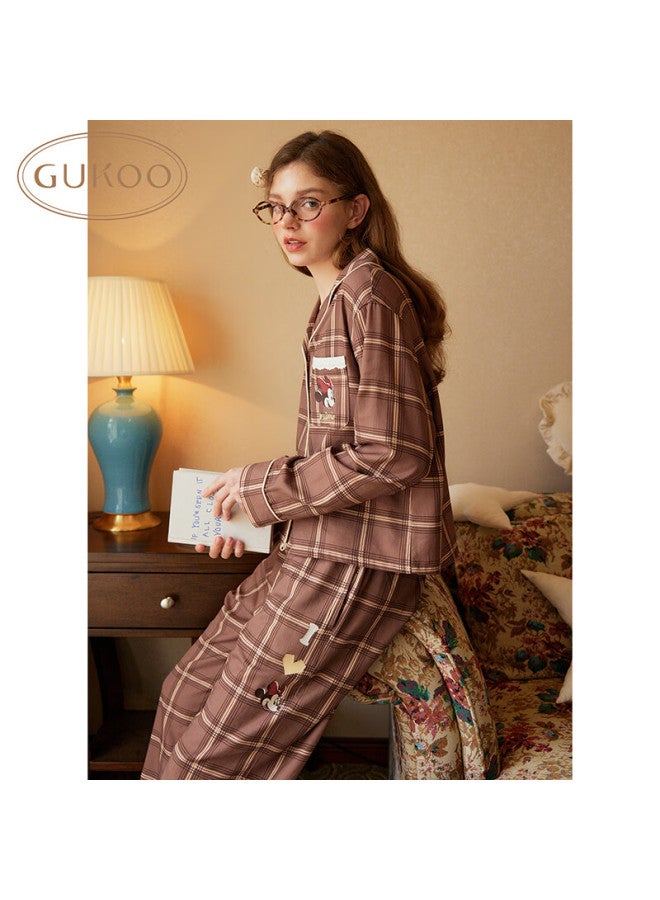 Gukoo Women's Pajamas, Spring And Autumn Disney Minnie Lapel Plaid Lace Long-sleeve Women's Loungewear Set, Chocolate, M - Image 2