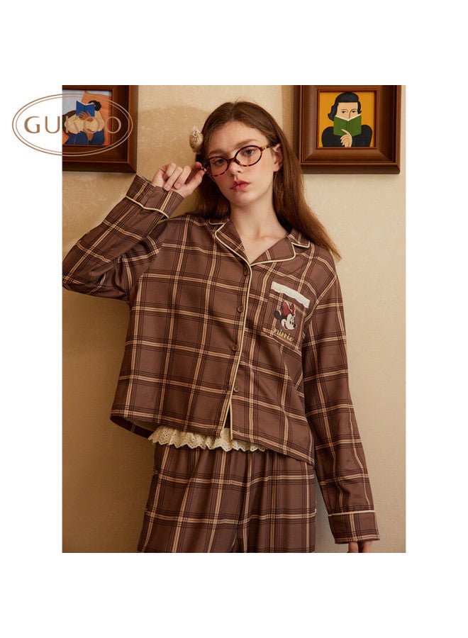 Gukoo Women's Pajamas, Spring And Autumn Disney Minnie Lapel Plaid Lace Long-sleeve Women's Loungewear Set, Chocolate, M - Image 1