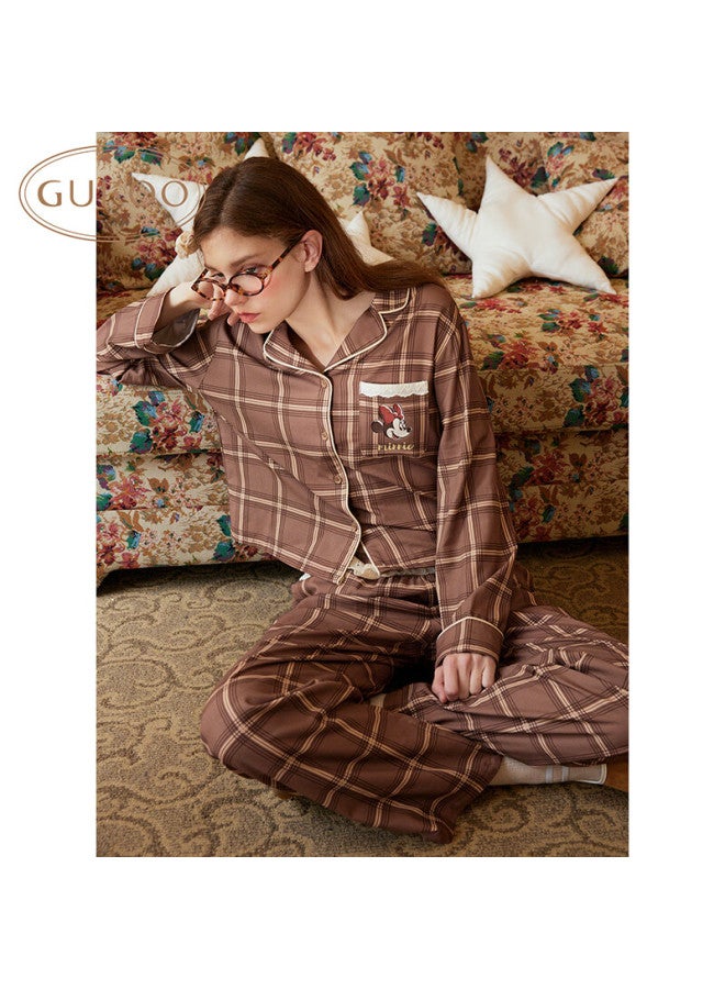 Gukoo Women's Pajamas, Spring And Autumn Disney Minnie Lapel Plaid Lace Long-sleeve Women's Loungewear Set, Chocolate, M - Image 4
