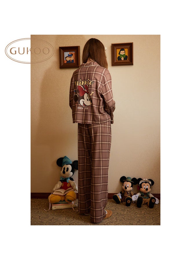 Gukoo Women's Pajamas, Spring And Autumn Disney Minnie Lapel Plaid Lace Long-sleeve Women's Loungewear Set, Chocolate, M - Image 3