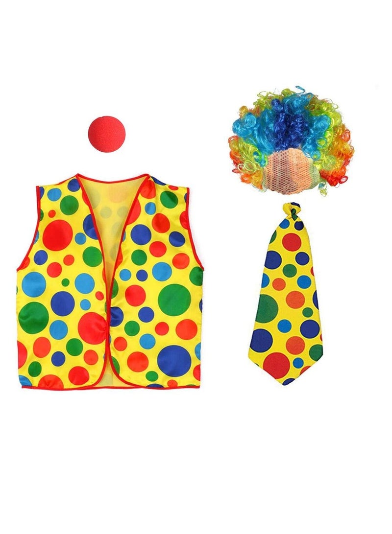 Zikra Clown Costume Set for Adults - Includes Clown Nose, Wig, Neck Tie, and Vest - Perfect for Halloween Parties, Cosplay, and Dress Up Accessories (4 Pieces) - Image 1