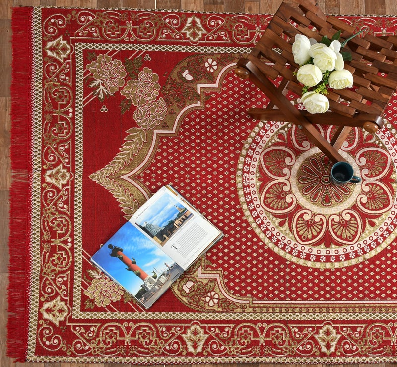 Purav Light Home Decor Cotton Carpets for Living Room 5x7 feet Multi-Use Flower Design Carpet Mats (Maroon Colour) - Image 1