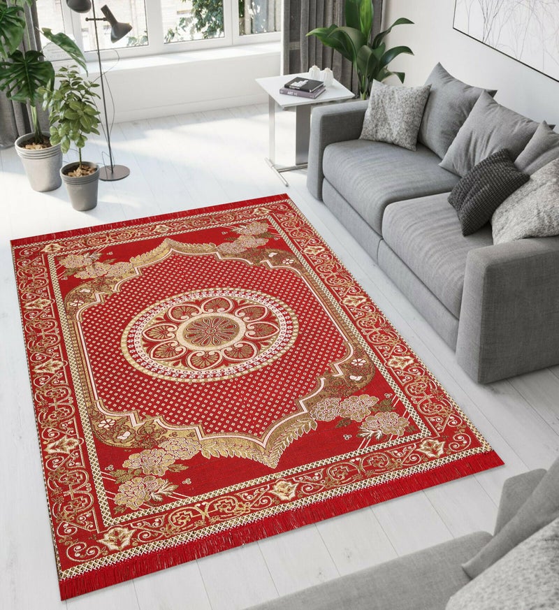 Purav Light Home Decor Cotton Carpets for Living Room 5x7 feet Multi-Use Flower Design Carpet Mats (Maroon Colour) - Image 2