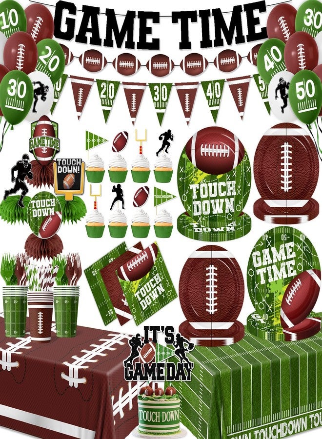 Peghoqu Football Party Decorations Serve 24 Football Party Supplies Includes Paper Plates Napkins,Touchdown Tablecloth,Cups,Banner,Balloon,Forks,Cupcake Topper for Game Time Sport Tailgate Themed Party Decor - Image 1