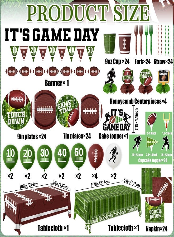 Peghoqu Football Party Decorations Serve 24 Football Party Supplies Includes Paper Plates Napkins,Touchdown Tablecloth,Cups,Banner,Balloon,Forks,Cupcake Topper for Game Time Sport Tailgate Themed Party Decor - Image 3