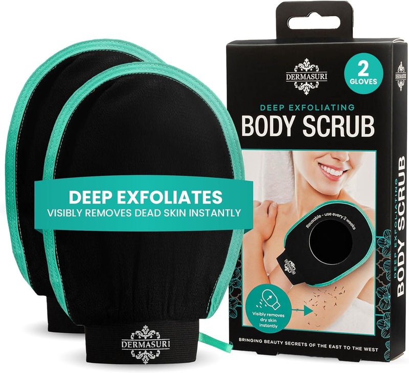 dermasuri - Deep Exfoliating Glove - Polishing Mitt Body Scrubber - Korean Skin Cleaner Exfoliator - Dead Skin Buffing Treatment - Gifts for Women & Men - Keratosis Pilaris Scrub Remover - (2 Pack) - Image 1