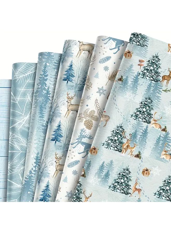 6 Sheets Sky Blue Christmas Wrapping Paper With Festive Deer Pine Tree Design - Image 2