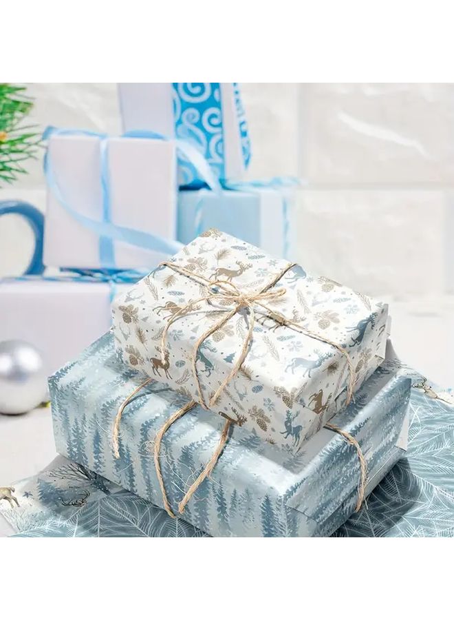 6 Sheets Sky Blue Christmas Wrapping Paper With Festive Deer Pine Tree Design - Image 3