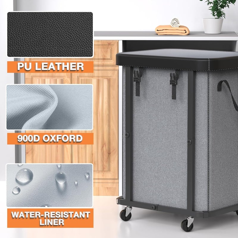 alentar 150L (40 Gal) Large Fashion Laundry Basket with Wheels, Leather Patchwork Rolling Hamper Carts, Sturdy Metal Frame, Removable Washable Bag, Tall Clothes Sorter for Bedroom, Laundry Room - Gary - Image 2