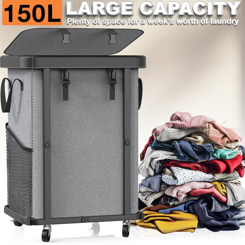 alentar 150L (40 Gal) Large Fashion Laundry Basket with Wheels, Leather Patchwork Rolling Hamper Carts, Sturdy Metal Frame, Removable Washable Bag, Tall Clothes Sorter for Bedroom, Laundry Room - Gary - Image 3