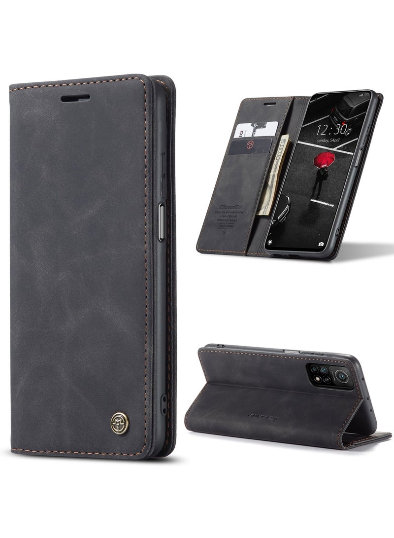 CaseMe Phone Case Luxury PU Leather Design 013 Flip Cover Card Slot Holder Cover For MI 10T/ MI 10T Pro (Black ) - Image 1