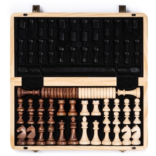 a&a AA 15 Magnetic Wooden Chess SetFolding Board  3 King Height German Knight Staunton Chess PiecesMahogany  Maple Inlaid 2 Extra Queen - Image 1