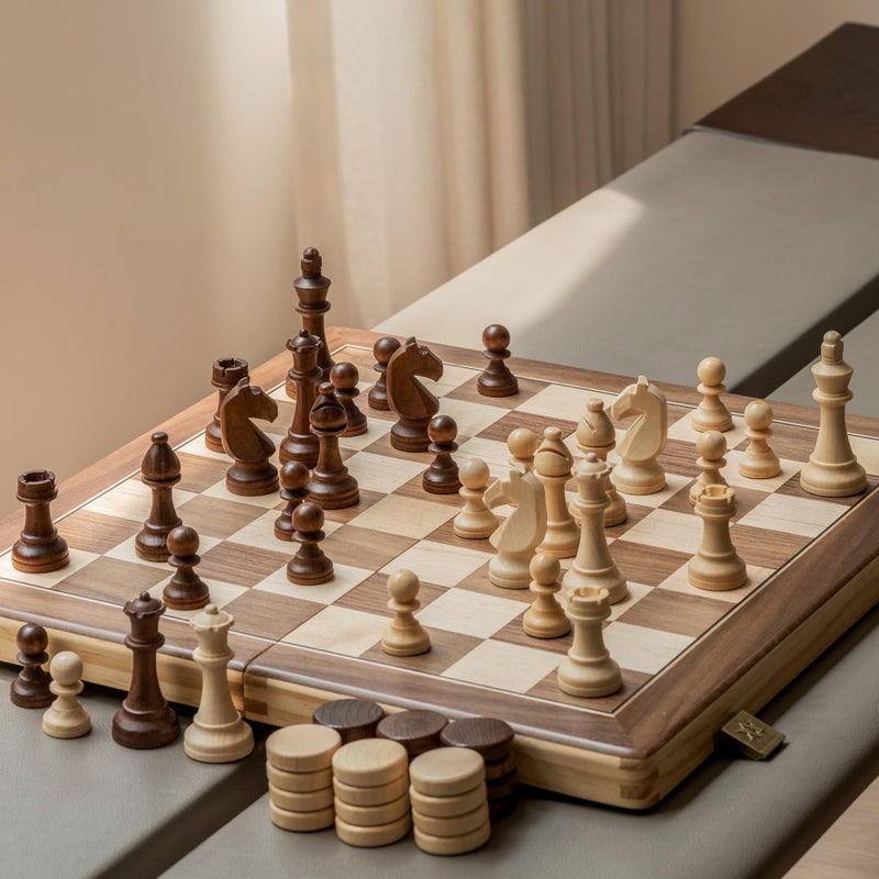 a&a AA 15 Magnetic Wooden Chess SetFolding Board  3 King Height German Knight Staunton Chess PiecesMahogany  Maple Inlaid 2 Extra Queen - Image 3