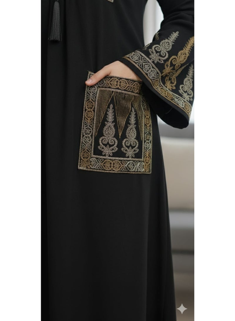 Embroidered women's abaya – linen fabric – for going out and receiving guests - Image 3