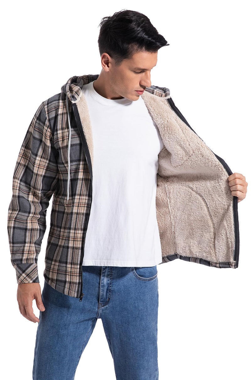 Elesuit Men's Flannel Shirt Jacket Plaid Full Zip Hoodie Fleece Lightweight Jacket Warm Winter Casual Thick Coats Grey Small - Image 4
