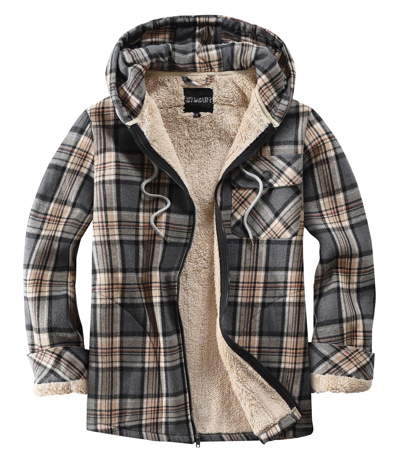 Elesuit Men's Flannel Shirt Jacket Plaid Full Zip Hoodie Fleece Lightweight Jacket Warm Winter Casual Thick Coats Grey Small - Image 1