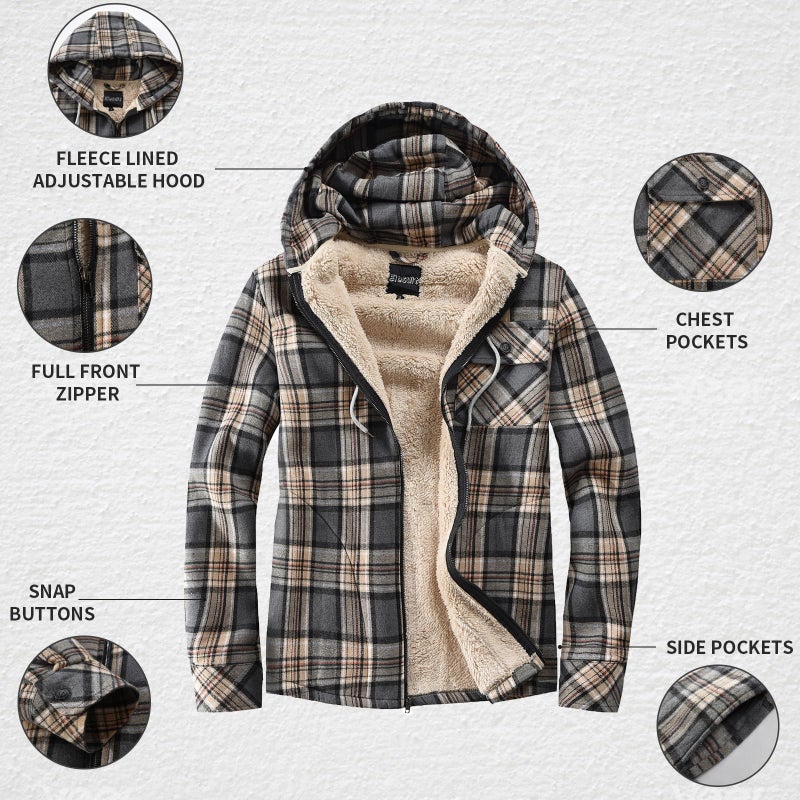 Elesuit Men's Flannel Shirt Jacket Plaid Full Zip Hoodie Fleece Lightweight Jacket Warm Winter Casual Thick Coats Grey Small - Image 5