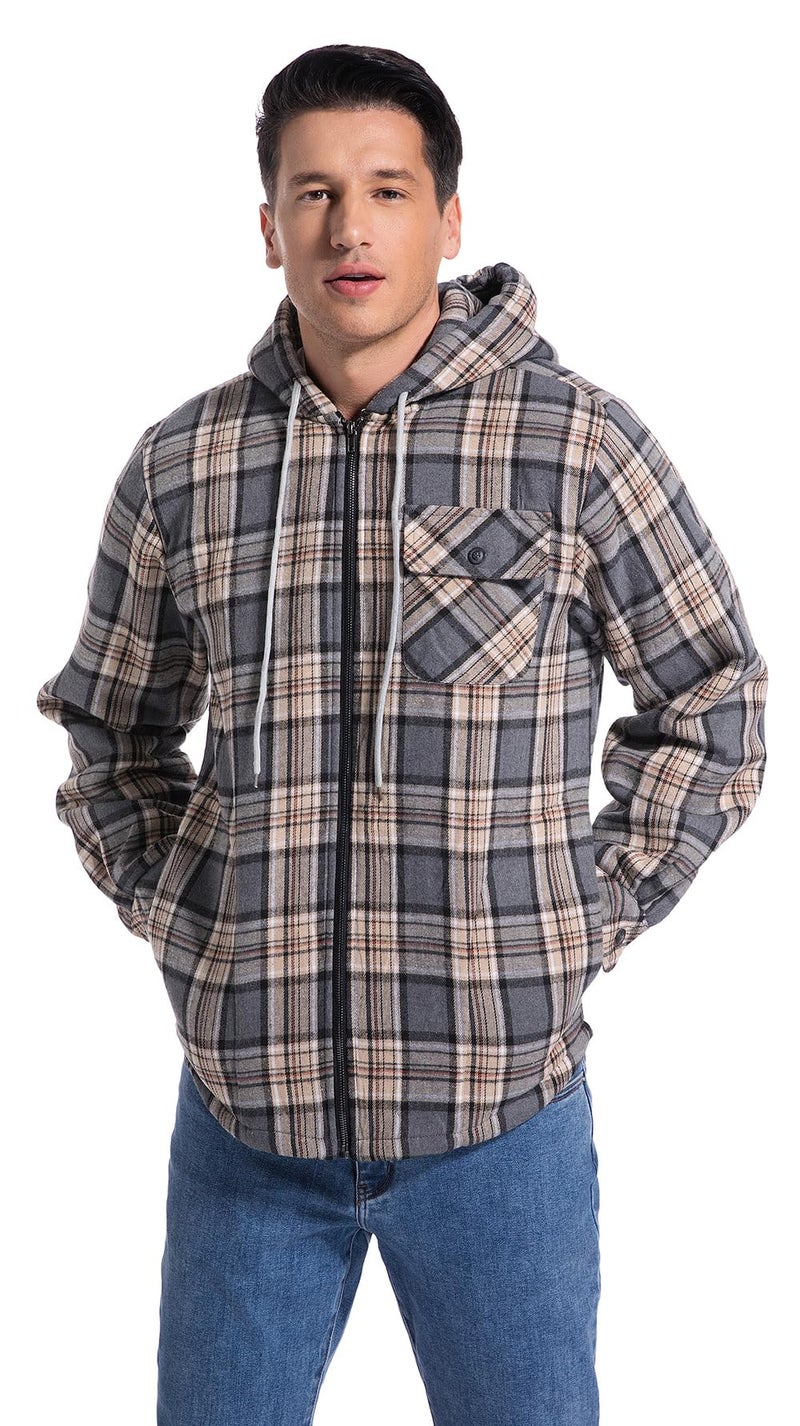 Elesuit Men's Flannel Shirt Jacket Plaid Full Zip Hoodie Fleece Lightweight Jacket Warm Winter Casual Thick Coats Grey Small - Image 2