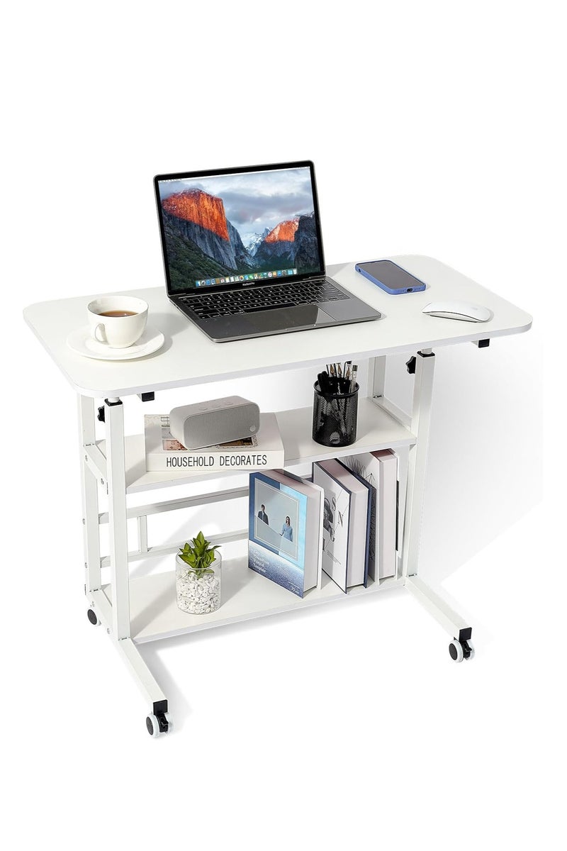 DURKU Rolling Small White Desk with Adjustable Height for Home Office FixedUpdateSpaces Computer Study Shelves Storage Desk. - Image 1