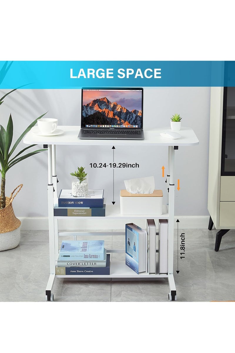 DURKU Rolling Small White Desk with Adjustable Height for Home Office FixedUpdateSpaces Computer Study Shelves Storage Desk. - Image 2