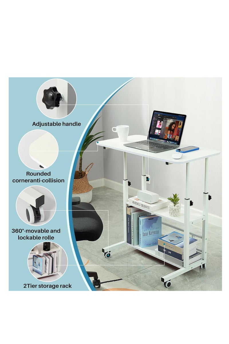 DURKU Rolling Small White Desk with Adjustable Height for Home Office FixedUpdateSpaces Computer Study Shelves Storage Desk. - Image 4